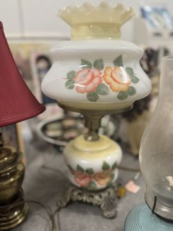 Milk glass hurricane lamp with hand-painted roses