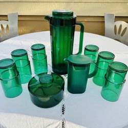 Vintage Tupperware Forest Green Full Drinkware Set | 6 Tumblers + Pitcher + Mini Server + Canister | Rare MCM Kitchen | Green Aesthetic