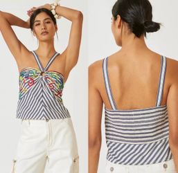 NWT $110 Anthropologie x Tiny Avril Embroidered Striped Pullover Knit Halter L