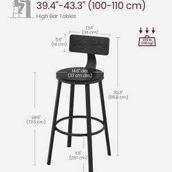 VASAGLE 28.9" Bar Height Stools Counter Barstools Chairs with Back Set of 2 - Black