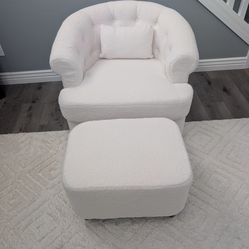 New White Swivel Barrel Accent Chair With Ottoman Boucle Upholstery Modern Lounge Set