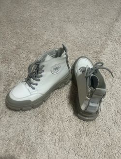 Real Leather White and Gray Chunky Ankle Boots