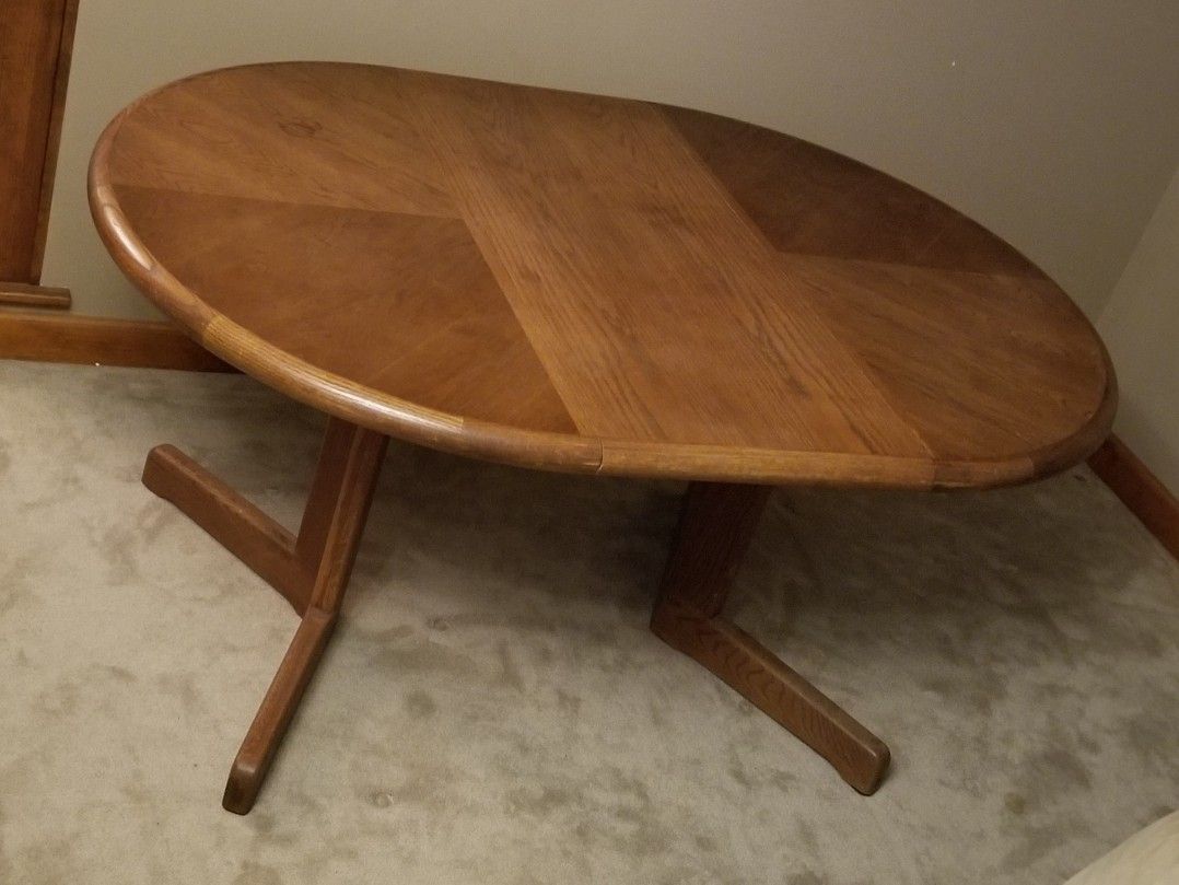 Solid Wood Kitchen / Dining Room Table - Round / Oval With Center Leaf Extension - Vintage Retro Antique Art Deco