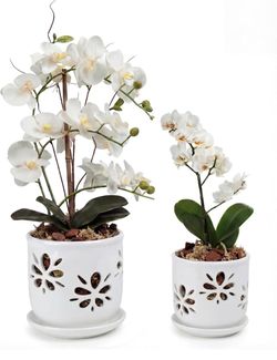 New 2 Pack 5 and 6 Inch White Orchid Pots with Holes and Saucers Ceramic Planters for Orchids and Succulents, with Drainage Holes and Saucers for Indo