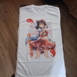 This is a white graphic t-shirt featuring the character Reimu Hakurei from the Touhou Project series. 
