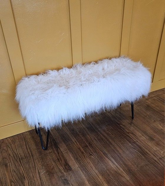 White Shag Faux Fur Bench Stool Ottoman