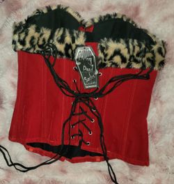 - Living Dead Souls Red Velvet Corset — Leopard Fur Trim, Size L, New with Tags