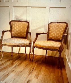 Pair Of French Louis XV Style Armchairs - Solid Walnut Frame