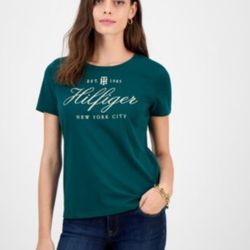 Very Nice Tommy Hilfiger  Signature Logo Graphic Print T Shirt Forest Green