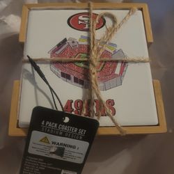 Brand New San Francisco 49ers Ceramic Coaster Set In Wooden Holder