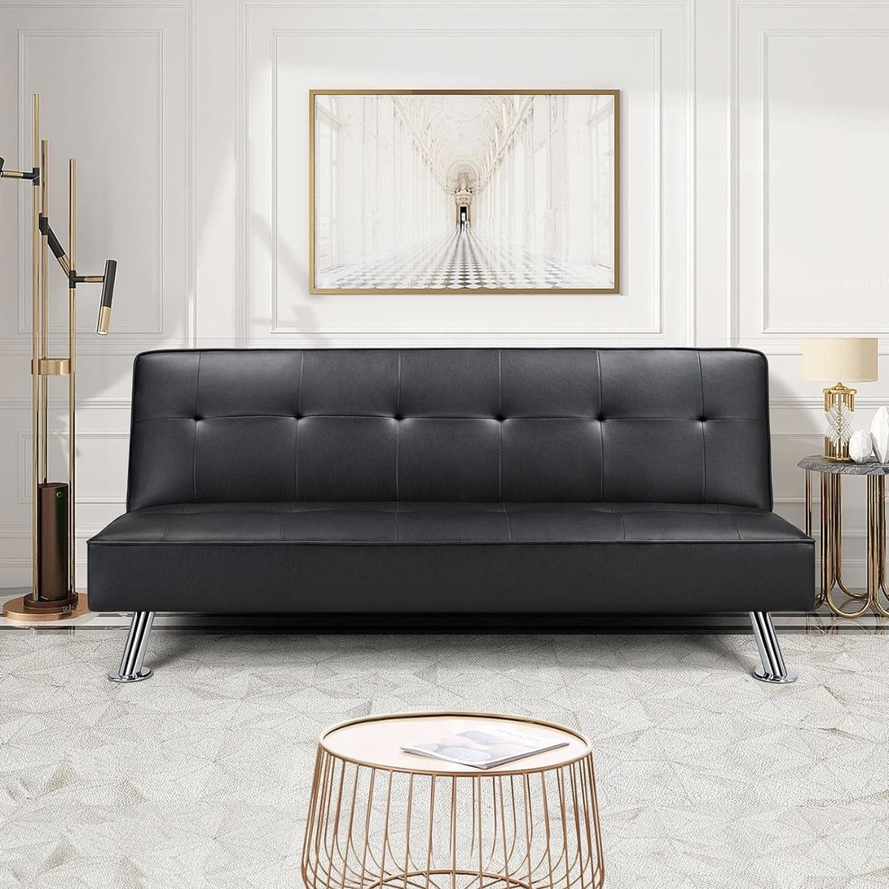 Modern Folding Futon Loveseat Black Faux Leather Futon Sleeper Bed Convertible Futon Couch Bed for Living Room