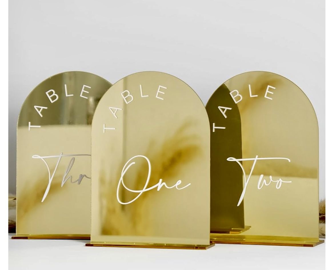 Gold Mirrored Arch Wedding Table Numbers with Stands
