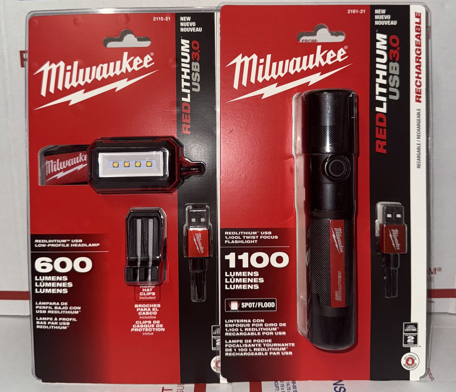 Milwaukee USB Rechargeable LED Light Bundle Kits. Model #2115-21 & 2161-21.