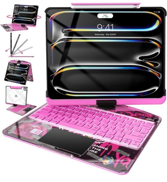 Intermerge iPad Pro 11-inch (M4, 2024) Transparent Keyboard Case, 360° Rotating Multi-Touch Trackpad, 7-Color Backlit Keyboard, Pencil Holder, Type-C 