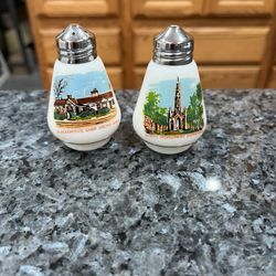 Vintage Milk Glass Blacksmith’s Shop Scotland Gretna Green Souvenir Salt and Pepper Shakers. Size approximately 2 3/4 inches tall. Preowned