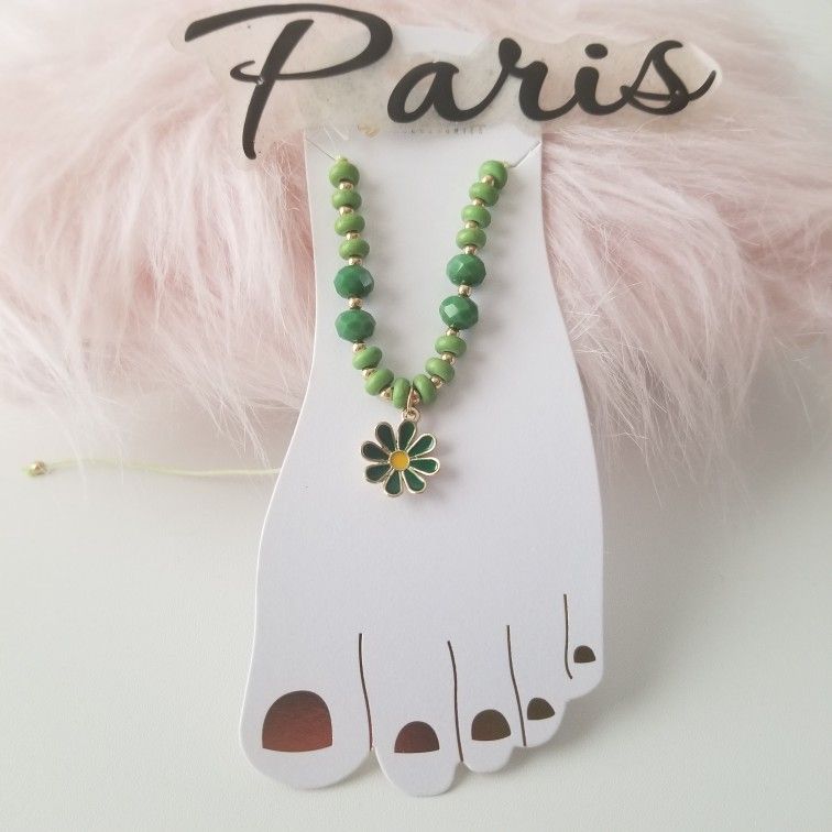 Green Beaded Anklet with Dangling Charm New