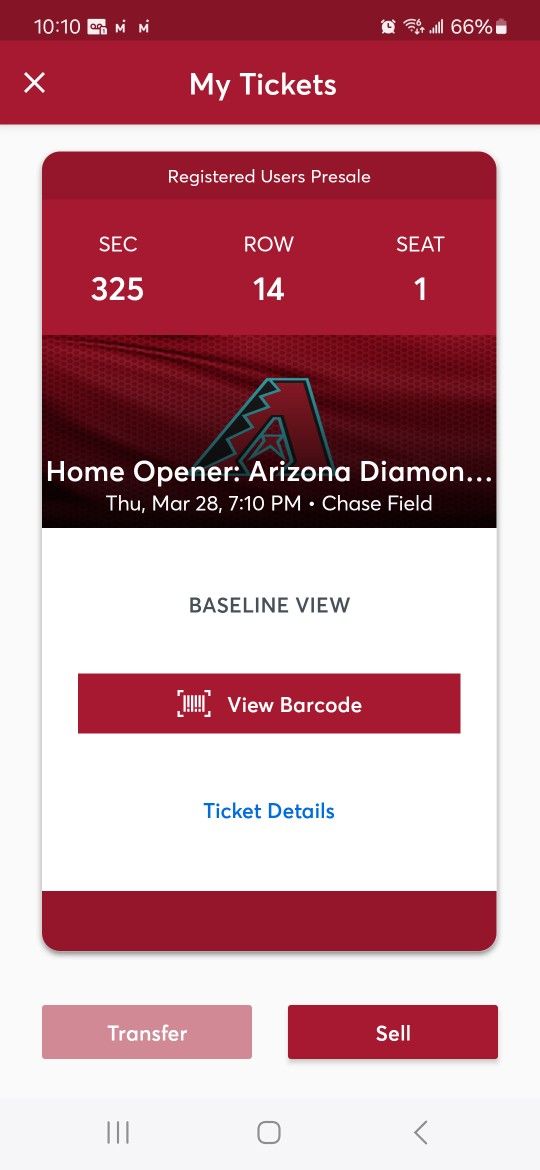 Arizona Diamondbacks Opening Day Ticket