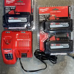 3 Milwaukee M18 High Output Batteries And Rapid Charger - 8.0 Ah And 6.0 Ah Red Lithium Battery Packs