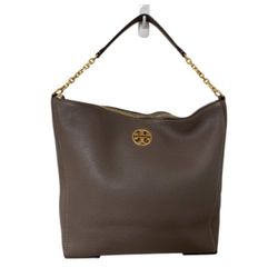 TORY BURCH TAUPE CARSON TOP HANDLE ZIP HOBO SILVER MAPLE BAG  Leather Top zip closure Top carry handle - 6 1/2" drop Structured silhouette with flat b