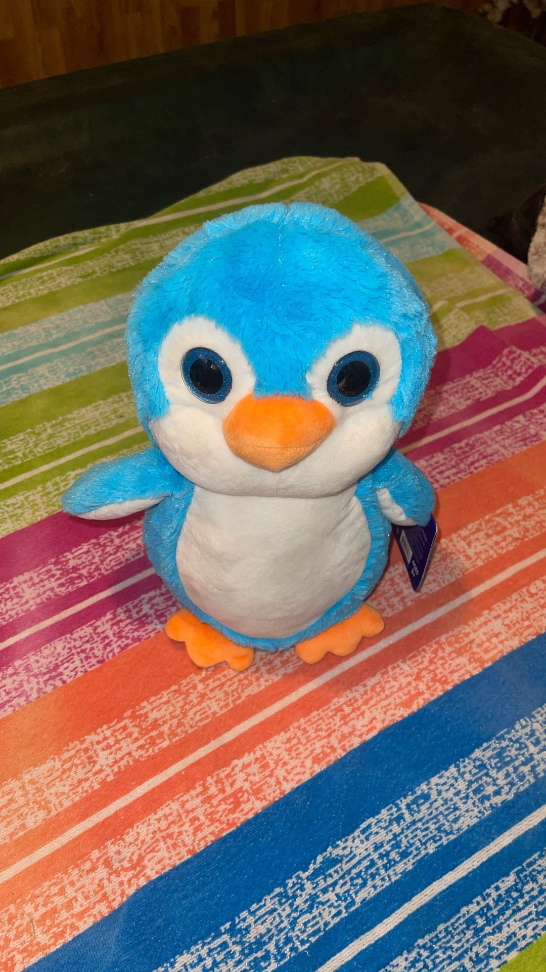 Kellytoy Plush Penguin Stuffed Animal Blue White Orange 13” Tall Big Blue Eyes