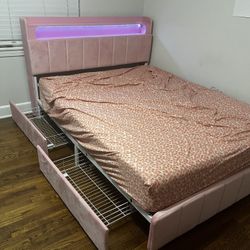 Pink Queen Size Bed Frame (with LED Lights And Storage)