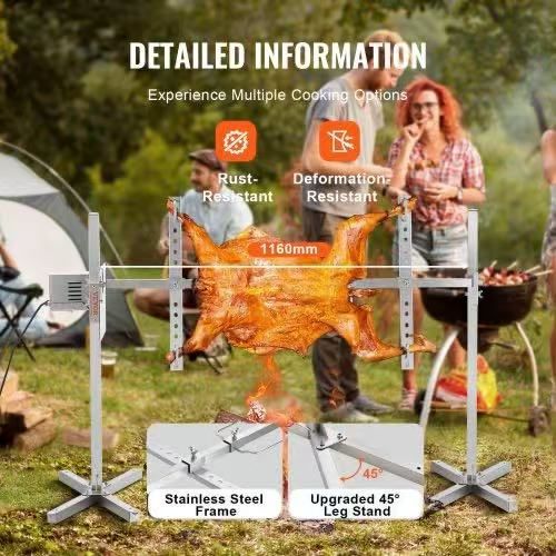 Electric BBQ Rotisserie Grill Kit, 46 Inch 132 lbs Capacity, Automatic 52W Motor Height Adjustable Universal Roaster Stand, Stainless Steel Grilling K
