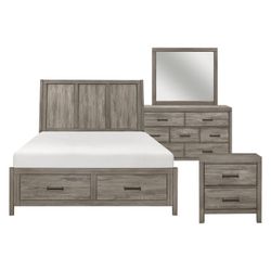 Brand new weathered gray queen storage bedframe + dresser + mirror + nightstand 4PCs bedfroom set