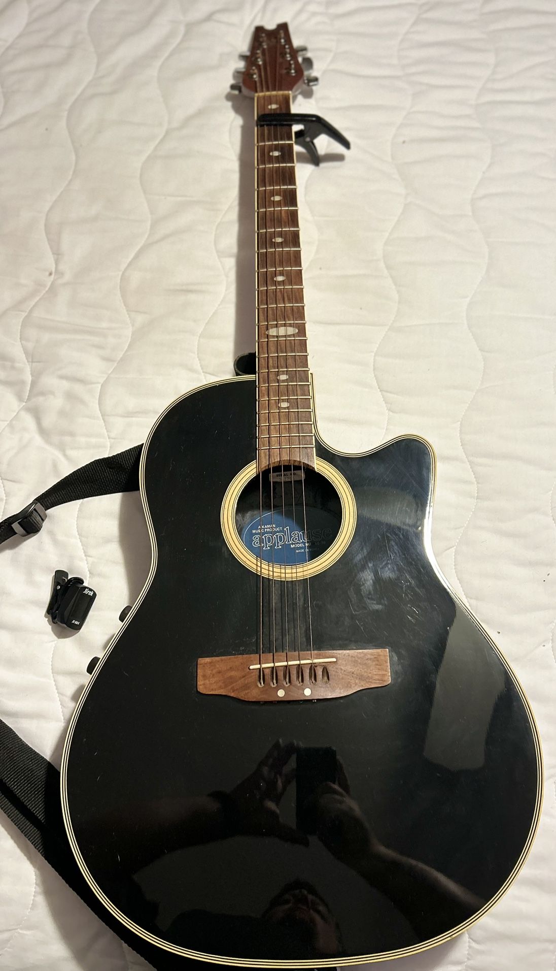 Acoustic-Electric Guitar Black/ with Ovation case and guitar stand.