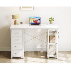 40 Inch Small White Computer Desk with 4 Fabric Drawers, Modern Writing PC Desk for Small Spaces