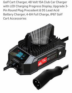 Golf Cart Charger, 48 Volt 15A Club Car Charger with LED Charging Progress Display, Upgrade 3-Pin Round Plug Precedent & DS Lead Acid Battery Charger,