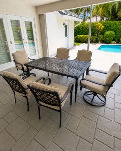 7-Piece Patio Dining Set – Metal Table + 6 Cushioned Chairs