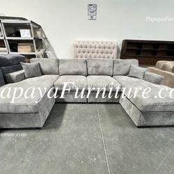 NEW LARGE LIGHT GREY DOUBLE CHAISE U SHAPE Sectional Sofa Couch and TWO Chaise Set Lounger Lounge Ashley Style Designer Discount Gray Black Clearance 