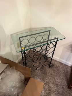 Industrial Style Metal Wine Rack with Glass Top and Wheels