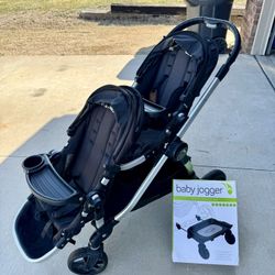 Baby Jogger City Select Stroller With Two Seats And Third Ride On Glider Kickboard 