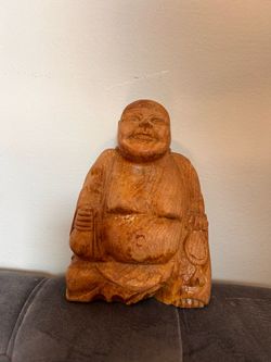 Vintage Hand Carved Wood  Happy Lucky Good Luck Buddha 8 inches