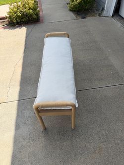 Natural Wood Bench with Rope-Wrapped Arms & Linen Cushion – Coastal/Boho Style