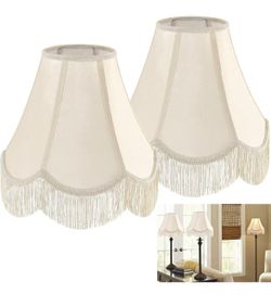 2 Pack Victorian Lamp Shades – Bell Silk Shade 6"x13"x10.6", Beige Scalloped Fringe, Spider Fitter