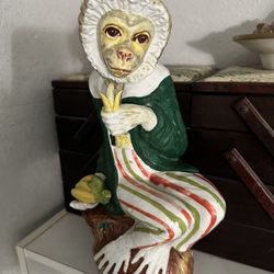 Vintage Italian Majolica Monkey Statue Figure 13.5" Eating Banana Regency READ