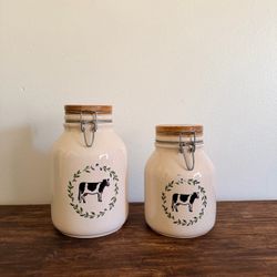 Vintage Ceramic Canister Jars with Cow Design, Set of 2