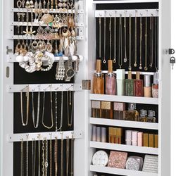 SONGMICS Hanging Jewelry Cabinet, Wall-Mounted Cabinet with LED Interior Lights, Door-Mounted Jewelry Organizer, Full-Length Mirror, Gift Idea, Mother