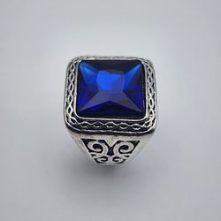 Size 9 Fashion Antique 925 Silver Plated Vintage Ring For Men and Women Stone Royal Blue 