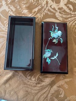 a vintage Asian lacquered wood jewelry or trinket box featuring iridescent mother-of-pearl and abalone shell inlay (known as raden in Japanese or nacr