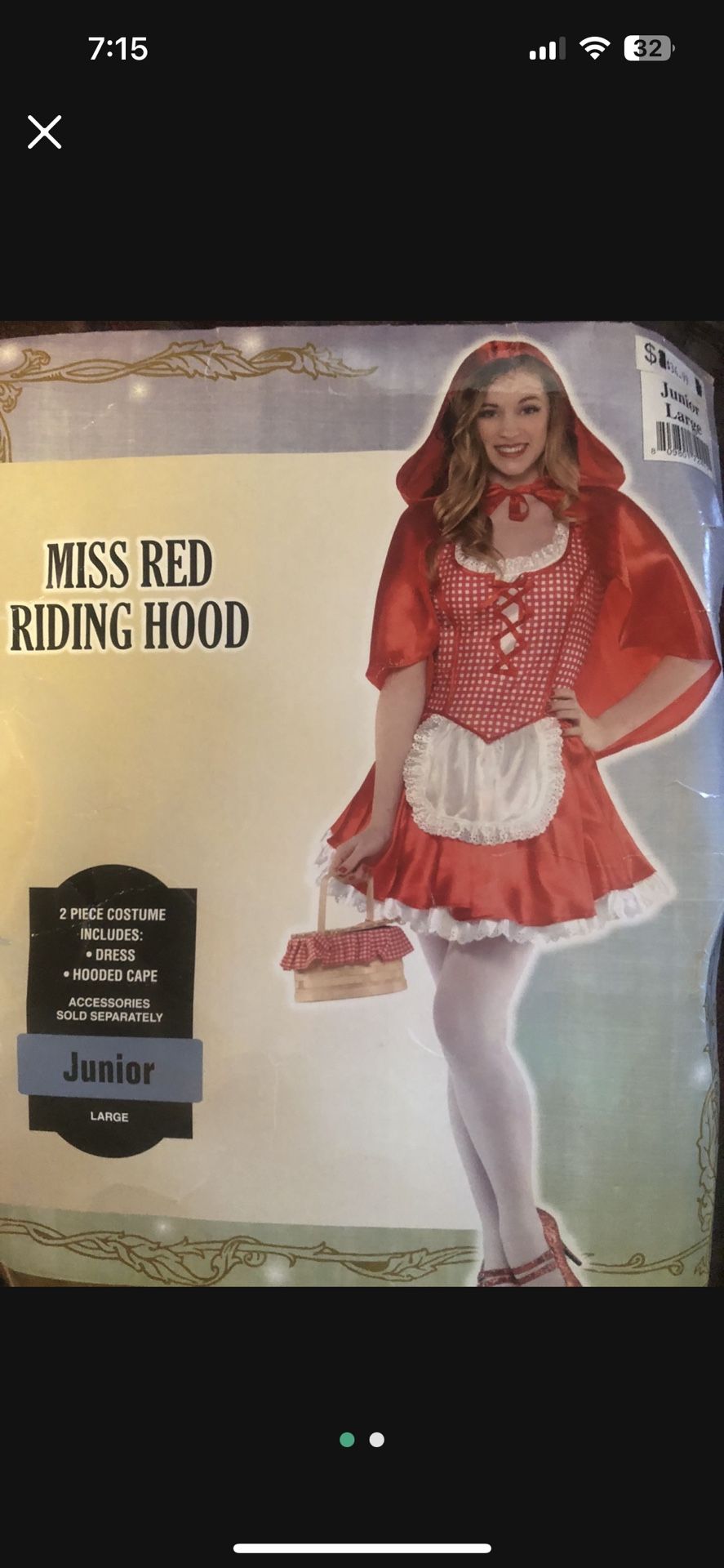 Miss Red Riding Hood Dress Halloween Costume Junior Teen Large New