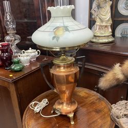 Antique Copper Oil Lamp Converted to Electric Bulb, Works! Glass Shade