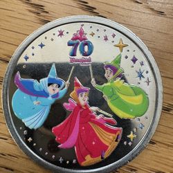 DISNEYLAND 70TH ANNIVERSARY SILVER TONE FAIRY GODMOTHERS COLOR MEDALLION COIN