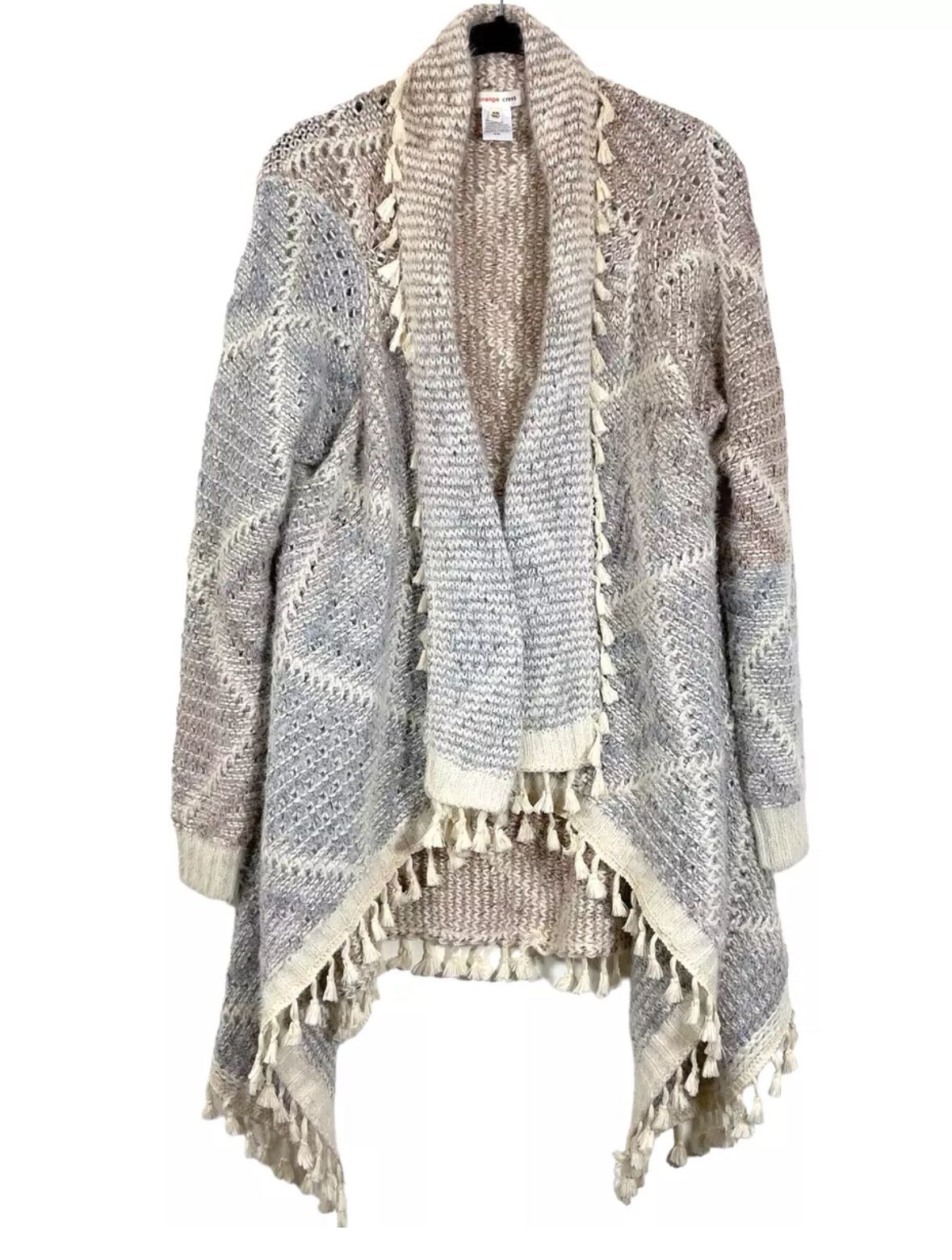Orange Creek Womens Sweater Small Ivory Gray Soft Knit Fringe Open Cardigan