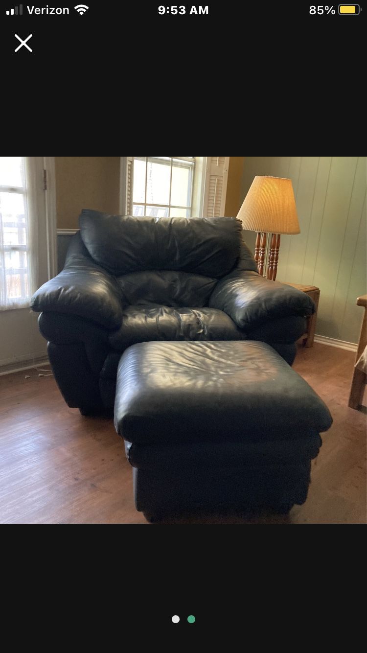 Two Oversized Leather Chairs W/Ottomans