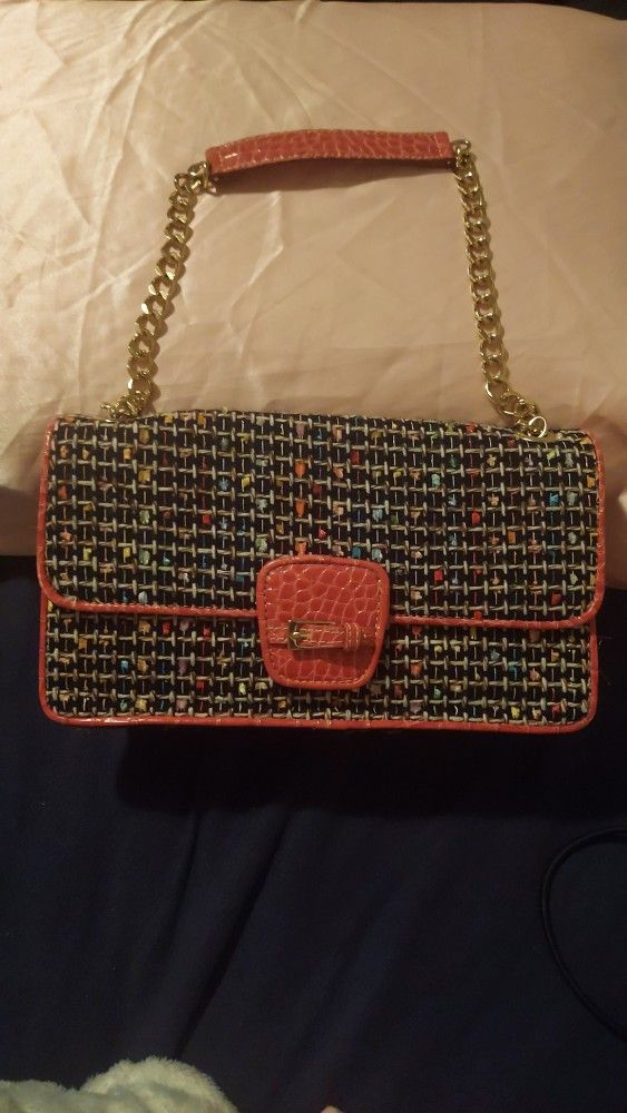 Liz Claiborne Hand Bag, With Pink Faux, Crocodile Trim And a Gold Chain Strap
