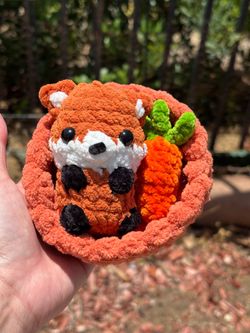 Crochet Fox 🦊 in Nest with Carrot plushie 🥕 handmade 🥕