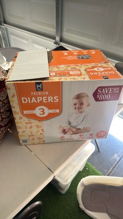 Baby diapers (size 3), bath, walker, gerber